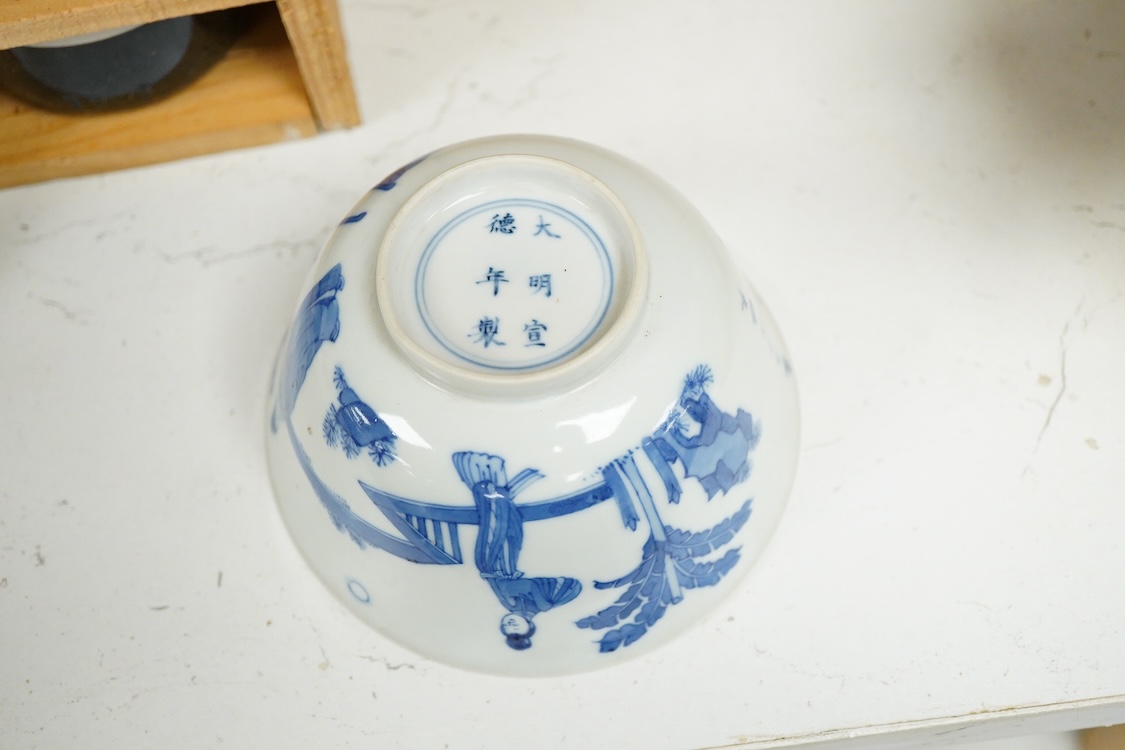A Chinese blue and white bowl, Xuande mark but later, 12cm diameter